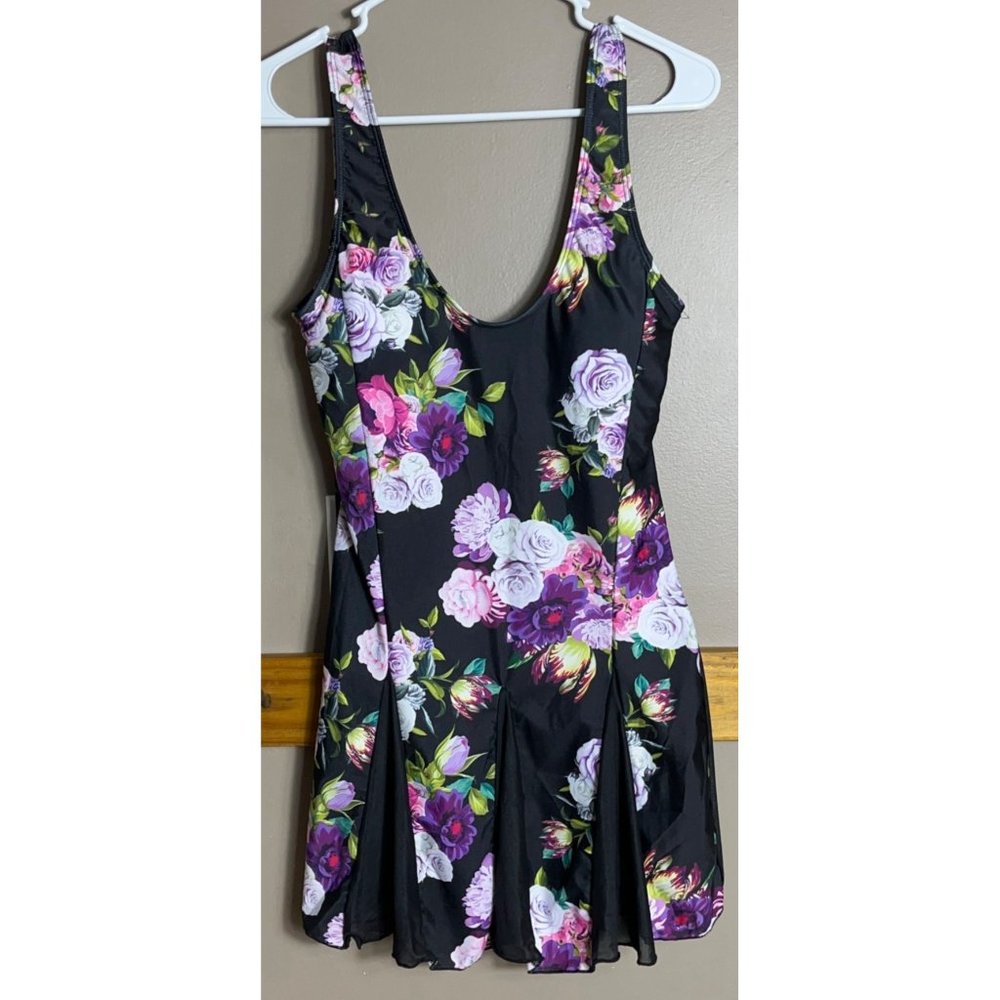 Swim Dress 2 Pc Bathing Suit Black Floral Modest Tank Feminine NWOT Womens L - Picture 6 of 9